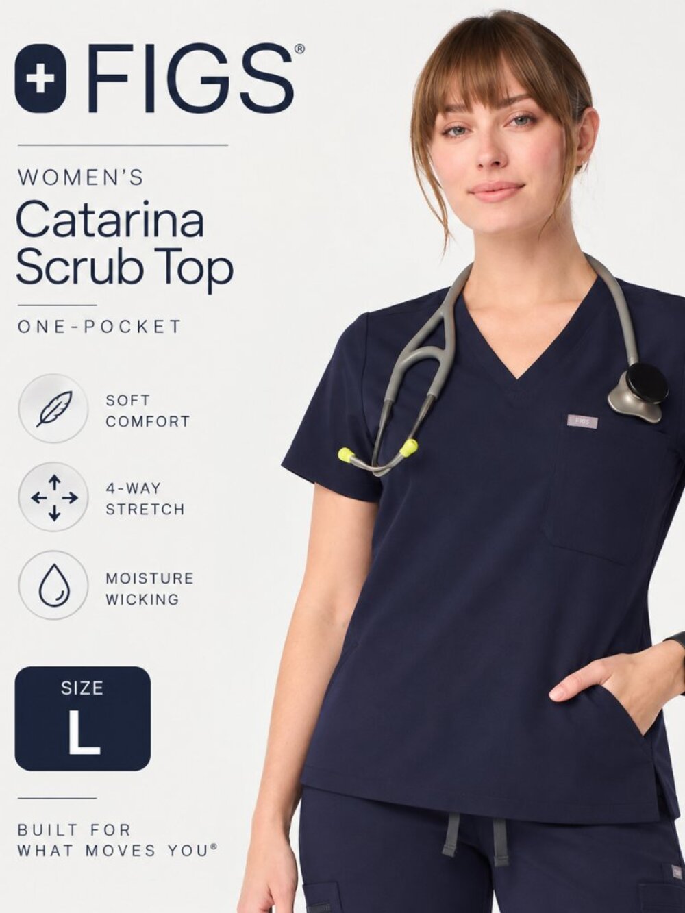 FIGS Women's Navy Catarina One-Pocket Scrub Top - Size L